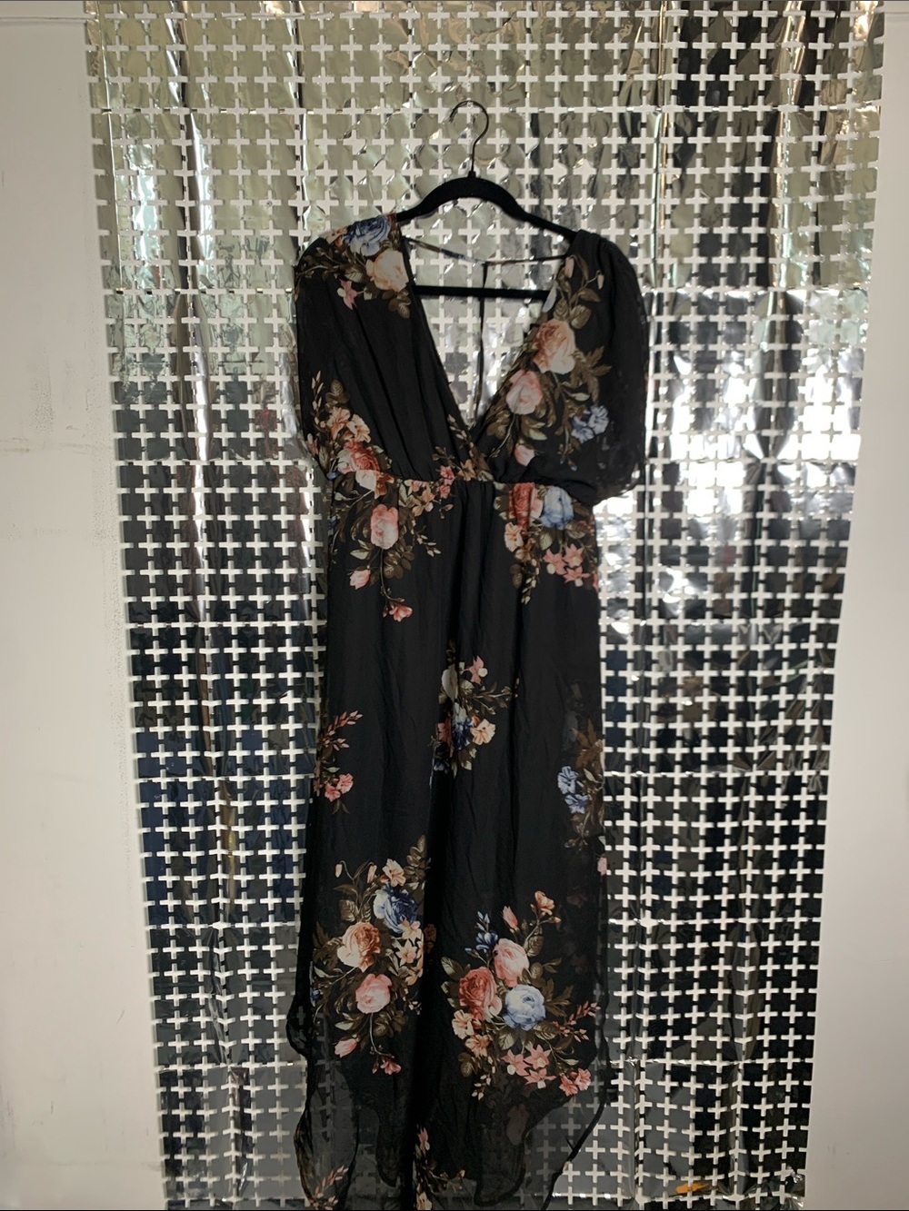 Black Floral High-Low V-Neck Dress